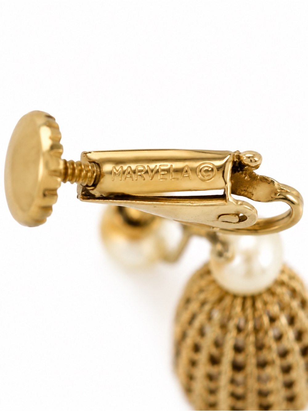 Signed Vintage Marvela Faux Pearl Gold Tone Clip-On Dangle Statement Earrings - Picture 5 of 6